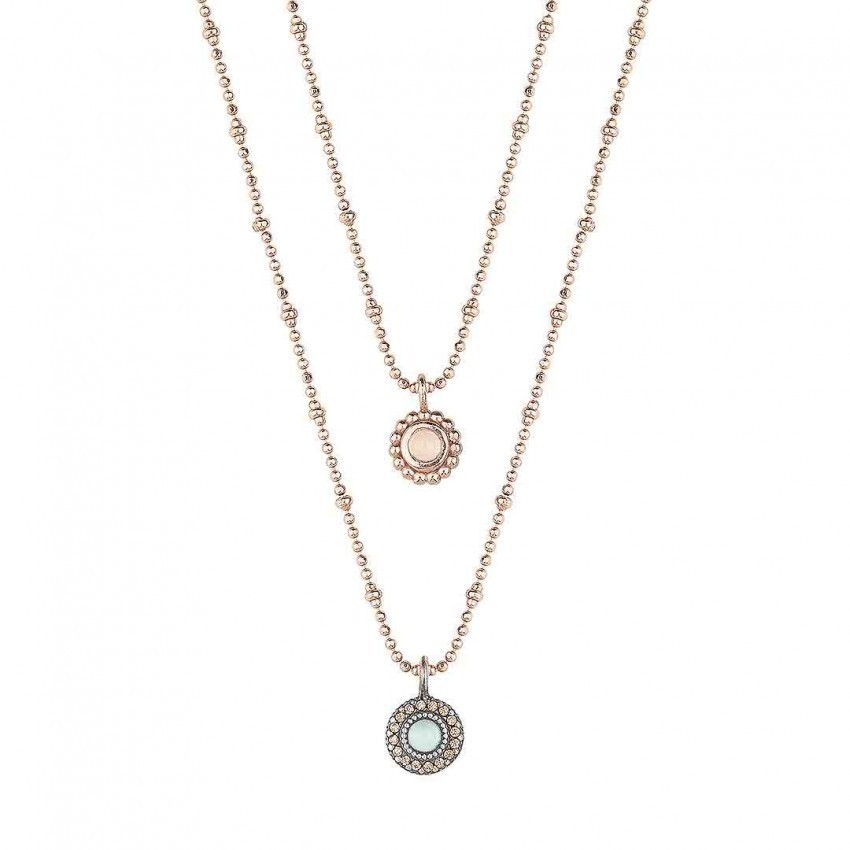 Colgante SUNFIELD de plata con baño de oro rosa, circonitas color cava, cuarzo rosa y calcedonia Colgante SUNFIELD de plata con baño de oro rosa, circonitas color cava, cuarzo rosa y calcedonia