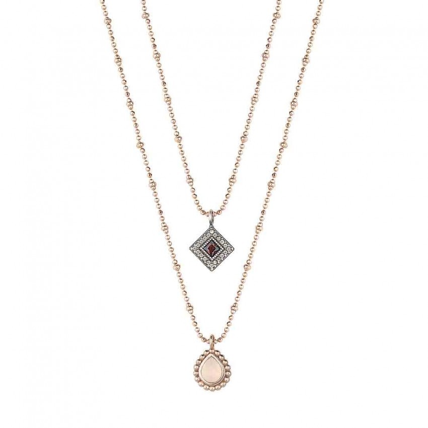 Colgante SUNFIELD de plata con baño de oro rosa, circonitas color cava, cuarzo rosa y calcedonia Colgante SUNFIELD de plata con baño de oro rosa, circonitas color cava, cuarzo rosa y calcedonia
