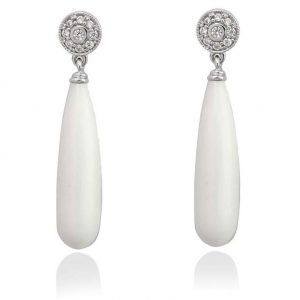 Pendientes novia plata calcedonia, perla gris y circonitas.